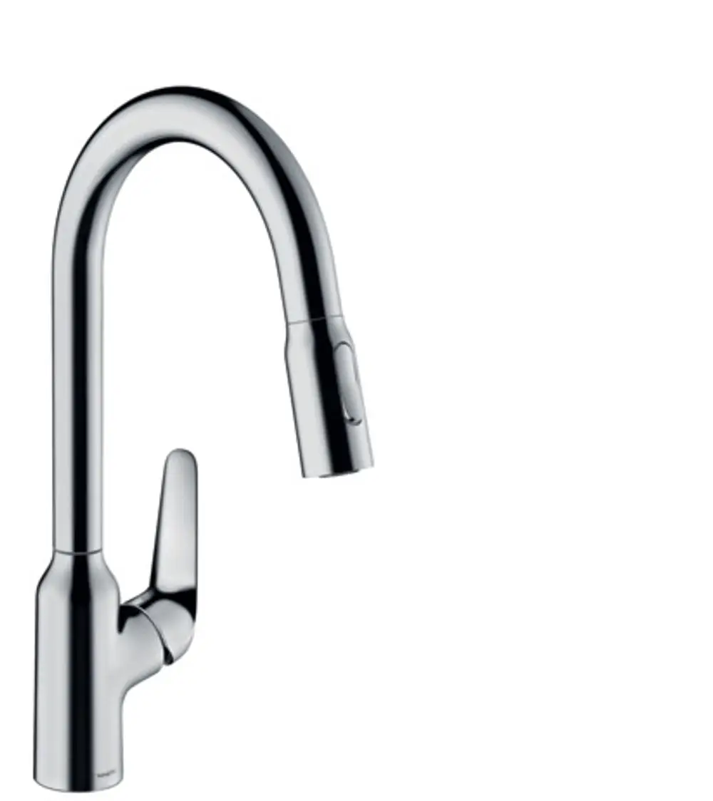 Spültischmischer mit Ausziehbrause, verchromt, von Hansgrohe. Die Brause hat zwei Strahlarten und einen funktionalen Griff für einfache Handhabung.
